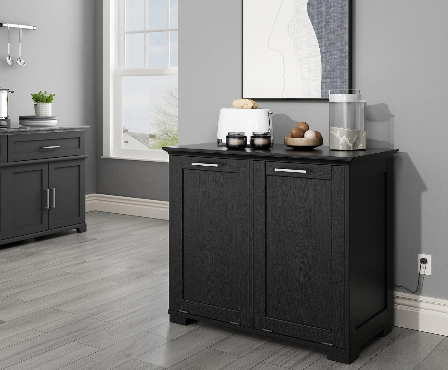 OLD CAPTAIN Double Tilt Out Trash Cabinet, Wooden Kitchen Garbage Can Free Standing Holder, Black Finish