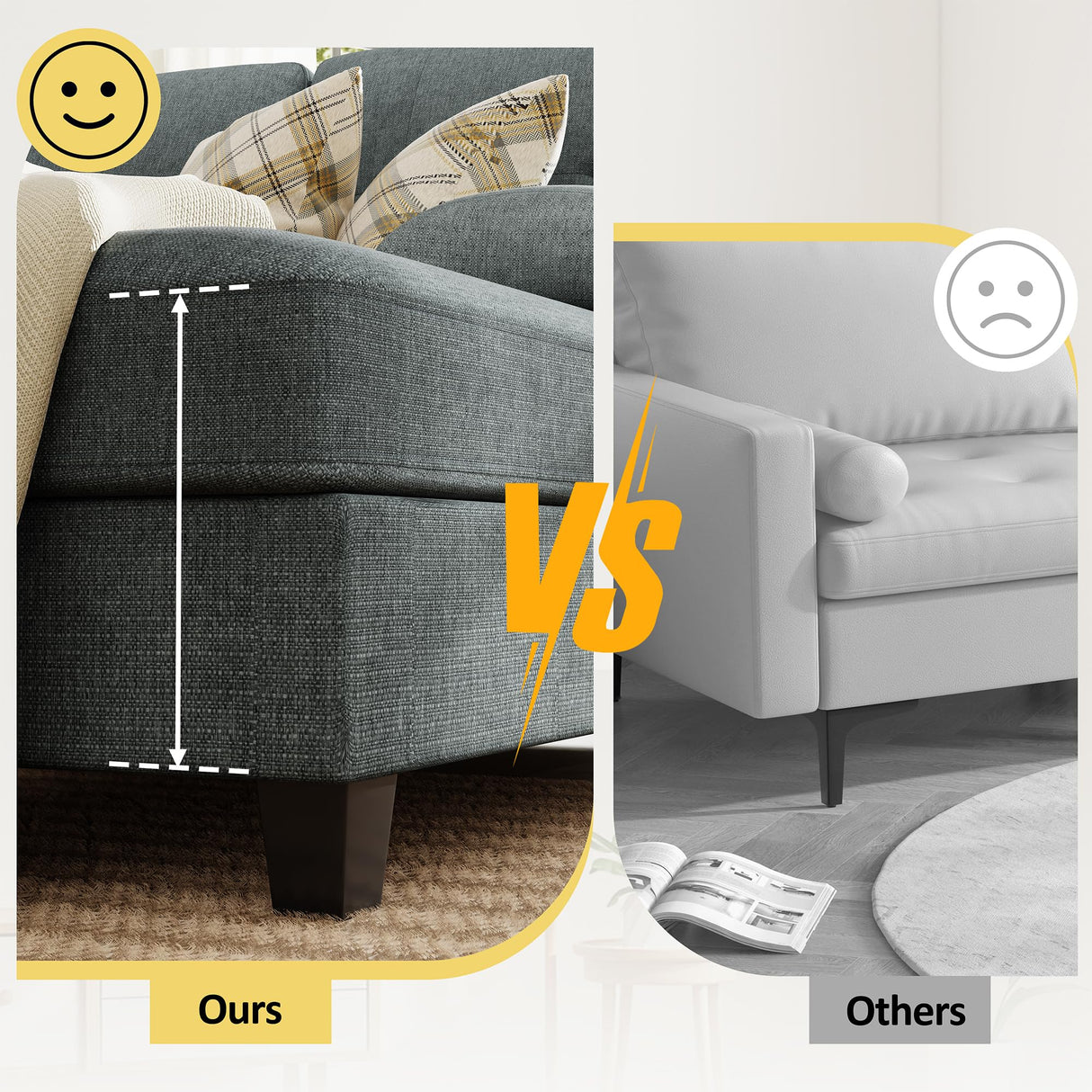 Walsunny Sectional Couches for Living Room, Convertible U-Shaped Sofa Couch with Double Chaise, 4 Seat Sofa Set Modular Sofa Couch for Apartment, Dark Grey Walsunny