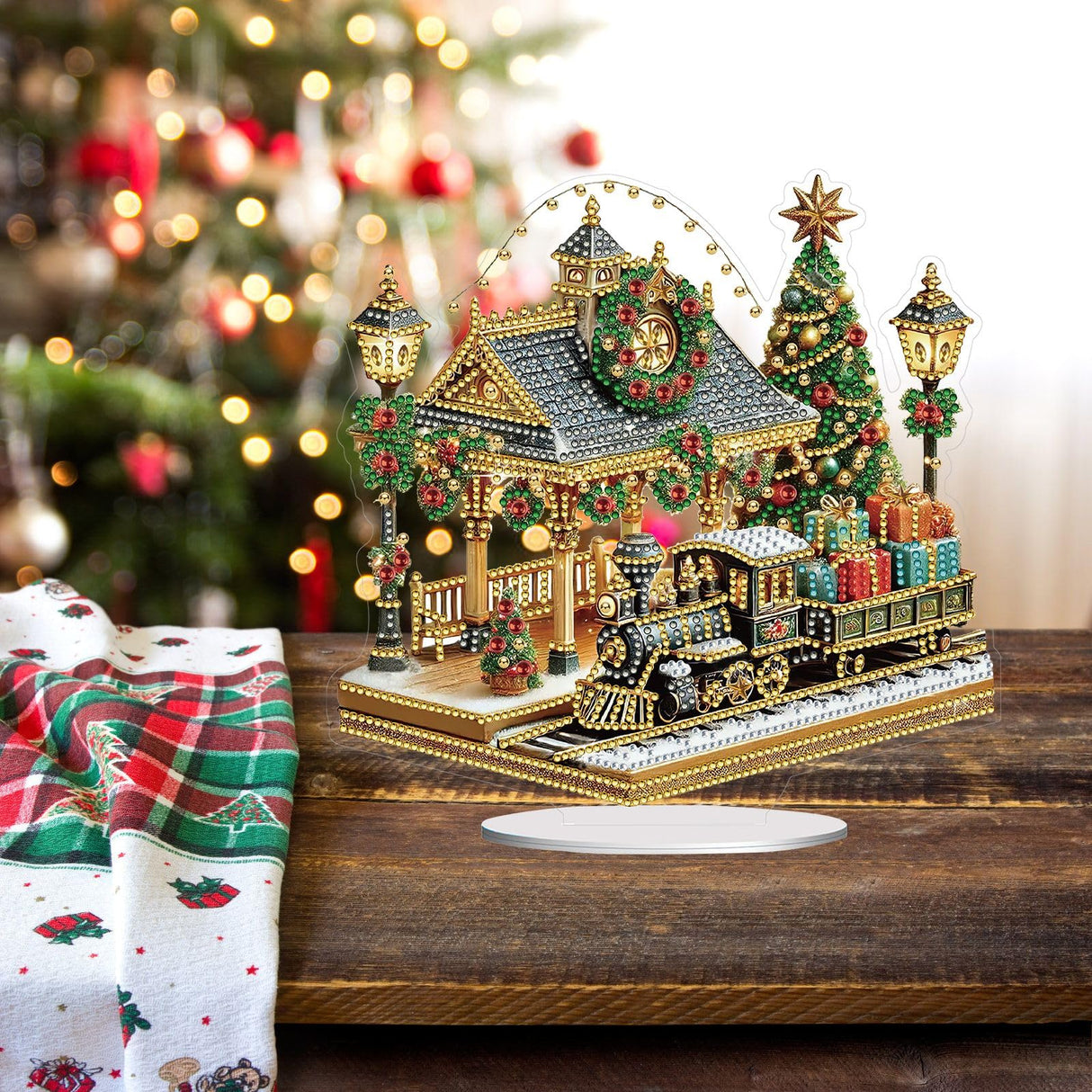 BAYUNOE DIY Diamond Art Painting Desktop Ornament Christmas Special Shaped Crystal Diamond Art Decorated Tabletop Ornaments Handmade Single Sided Diamond Home Decor-Christmas Train Platform BAYUNOE
