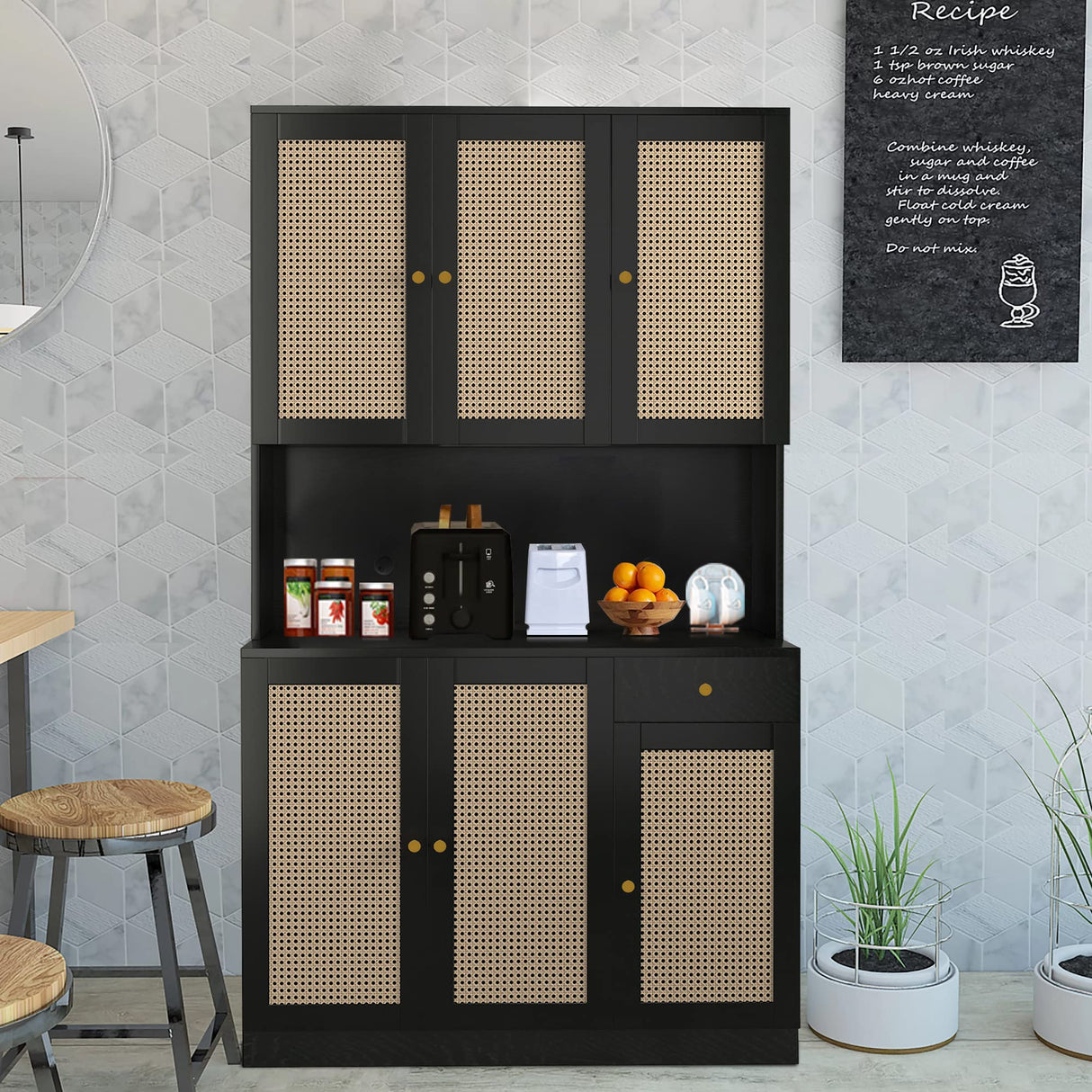 Modern Black Rattan Freestanding Kitchen Pantry Cabinet with 6 Doors & Drawer wirrytor