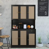 Modern Black Rattan Freestanding Kitchen Pantry Cabinet with 6 Doors & Drawer wirrytor
