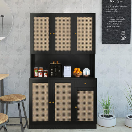 Modern Black Rattan Freestanding Kitchen Pantry Cabinet with 6 Doors & Drawer wirrytor