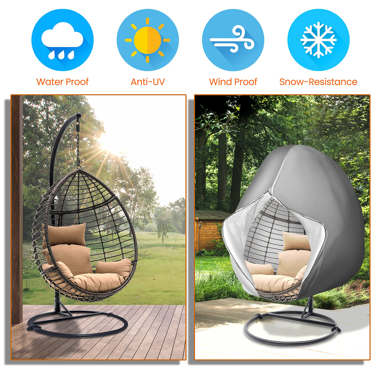 SerenelifeHome Hanging Egg Chair Cover-75" x 45" Waterproof/Windproof Dust Protector w/ Zipper & Hem Cord, Suitable for Most Outdoor Swing/Pod Chairs,Perfectly Fits Model SLGZ0EGG, One Size, Black SereneLife