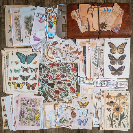 Knaid Vintage Scrapbook Supplies Pack (200 Pieces) for Junk Journal Bullet Journals Planners Botanical Paper Stickers Craft Kits Aesthetic Cottagecore Collage Album (Nature) Knaid