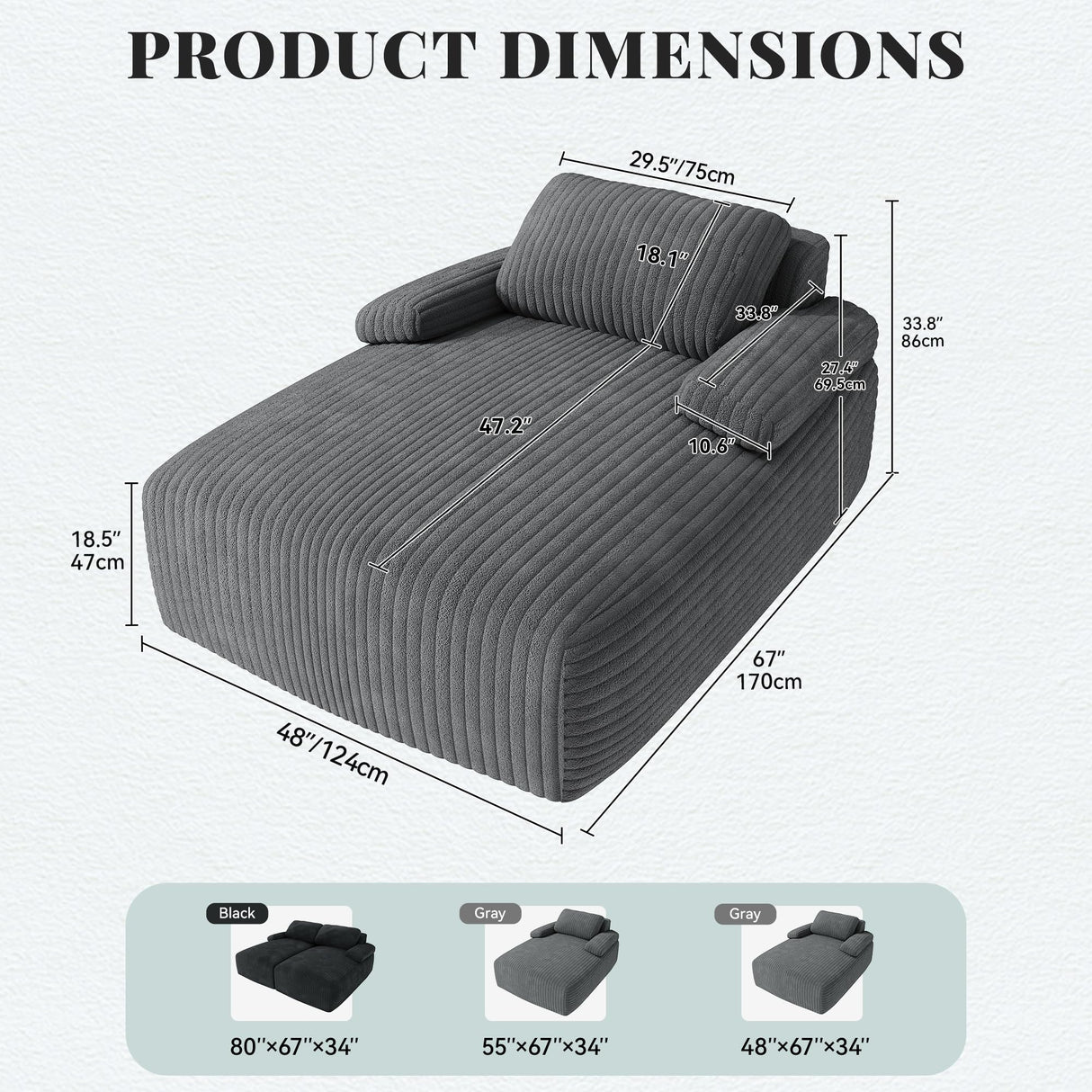 YITAHOME 48-Inch Chaise Lounge Chair Indoor, Oversized Corduroy Upholstered Boneless Sofa Bed, Deep-Seat Sleeper Couch, Reading Chair, Cloud Sofa Couch for Living Room, No Assembly Required, Grey YITAHOME