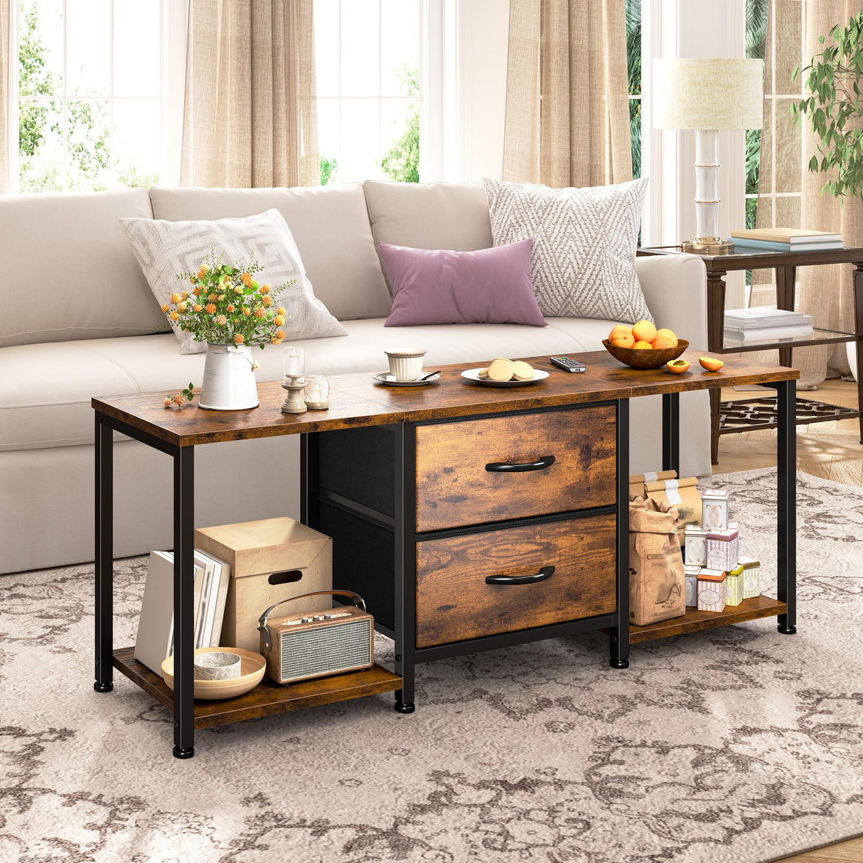 LED TV Stand Dresser for TVs up to 55 Inch, Entertainment Center with 2 Fabric Drawers and 2 Open Storage Shelves, Coffee Table Television Stands for Living Room, Bedroom, Wood Top, Rustic Brown EnHomee