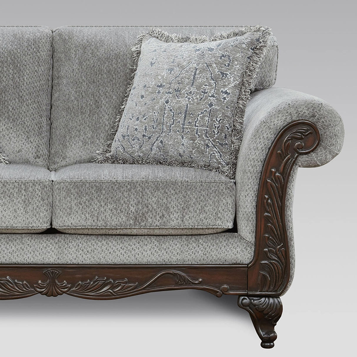 Roundhill Furniture Hernen Carved Wood Frame Sofa and Loveseat Set, Gray Roundhill Furniture