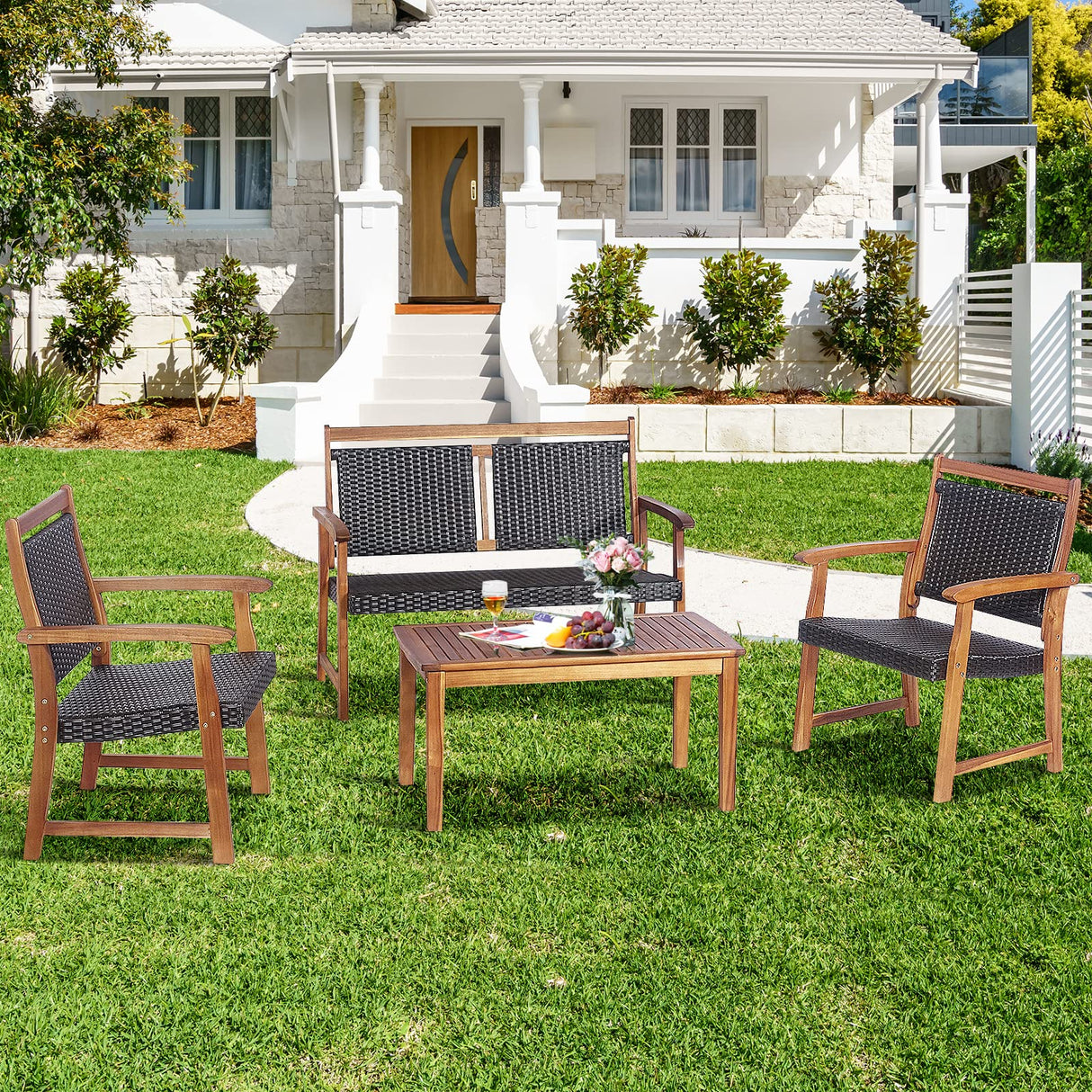 Tangkula 4 Pieces Patio Rattan Conversation Set with Acacia Wood Frame, Patiojoy Outdoor Furniture Set with Chairs & Coffee Table, Sectional Furniture Set for Garden, Backyard, Poolside Tangkula
