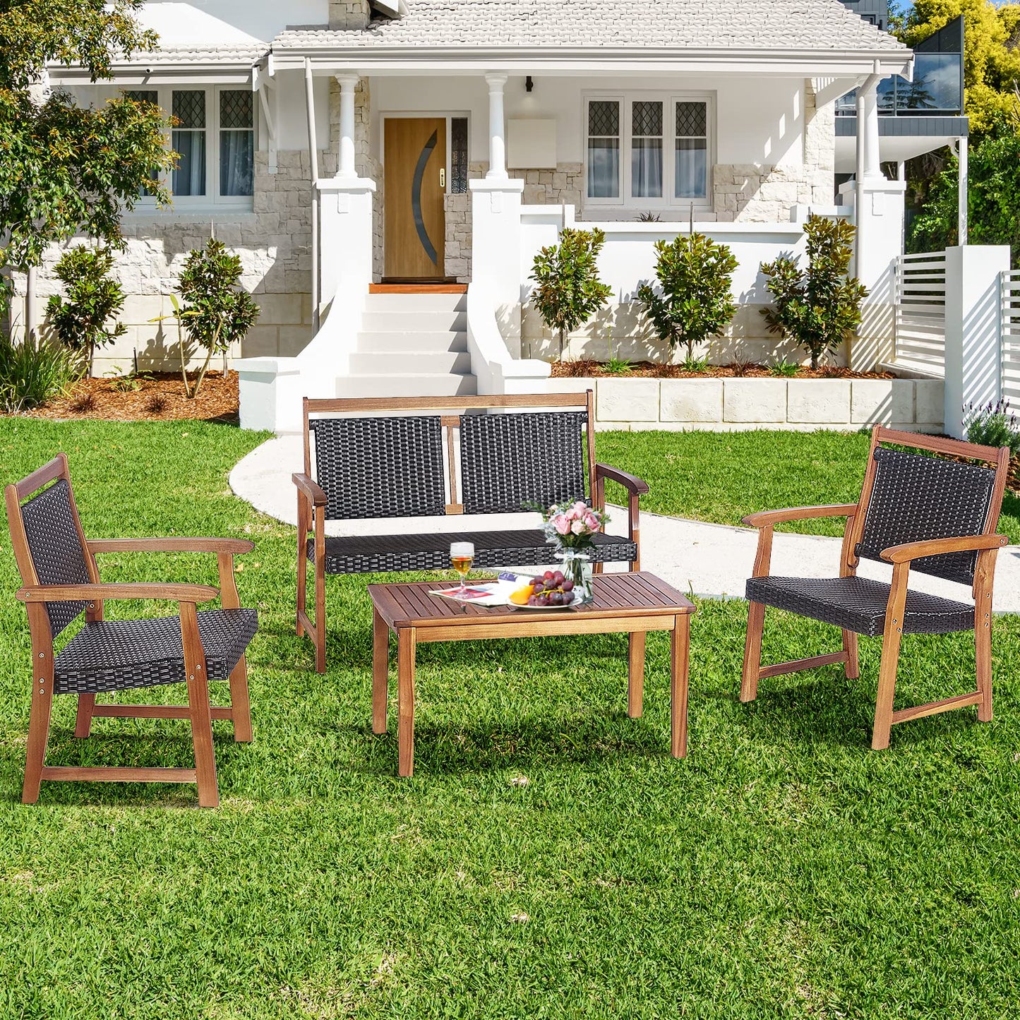 Tangkula 4 Pieces Patio Rattan Conversation Set with Acacia Wood Frame, Patiojoy Outdoor Furniture Set with Chairs & Coffee Table, Sectional Furniture Set for Garden, Backyard, Poolside