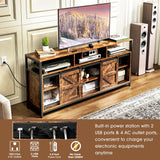 TC-HOMENY Brown TV Stand for 65 inch TV, Mid Century Modern Style, Sliding Barn Door, Adjustable Shelves, Built-in Charging Station and LED Light Strip, 33" High TC-HOMENY