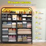 EnHomee Dresser with LED Lights & Charging Station, Dresser for Bedroom with 2 Tier Shelves & 4 Hooks, 11 Drawers Dresser, Closet, Living Room, Entryway,Sturdy Frame,Wooden Top, Rustic Brown EnHomee