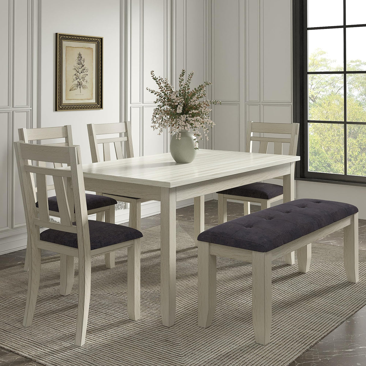 Peatuk 6-Piece Solid Wood Dining Table Set for 6, Modern Breakfast Dinette Kitchen Table with Bench & Chairs for Dining Room, Kitchen, Grey Peatuk