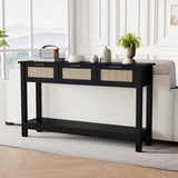 Luoxiao Rattan Console Table, Boho Entryway Table, Narrow Long Sofa Table, Hallway Foyer Table, Behind Couch Table with 3 Drawers and Open Storage Shelf for Living Room and Corridor, Black Luoxiao