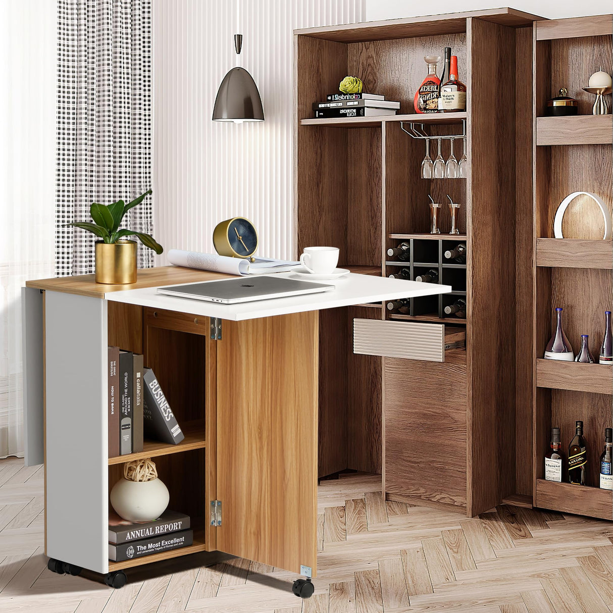 UPHYB Folding Dining Table, Drop Leaf Dining Table with Lockable Wheels, Space Saving Extendable Dinner Table with Storage, Kitchen Table for Small Spaces (White and Wood Grain) UPHYB