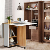 UPHYB Folding Dining Table, Drop Leaf Dining Table with Lockable Wheels, Space Saving Extendable Dinner Table with Storage, Kitchen Table for Small Spaces (White and Wood Grain) UPHYB