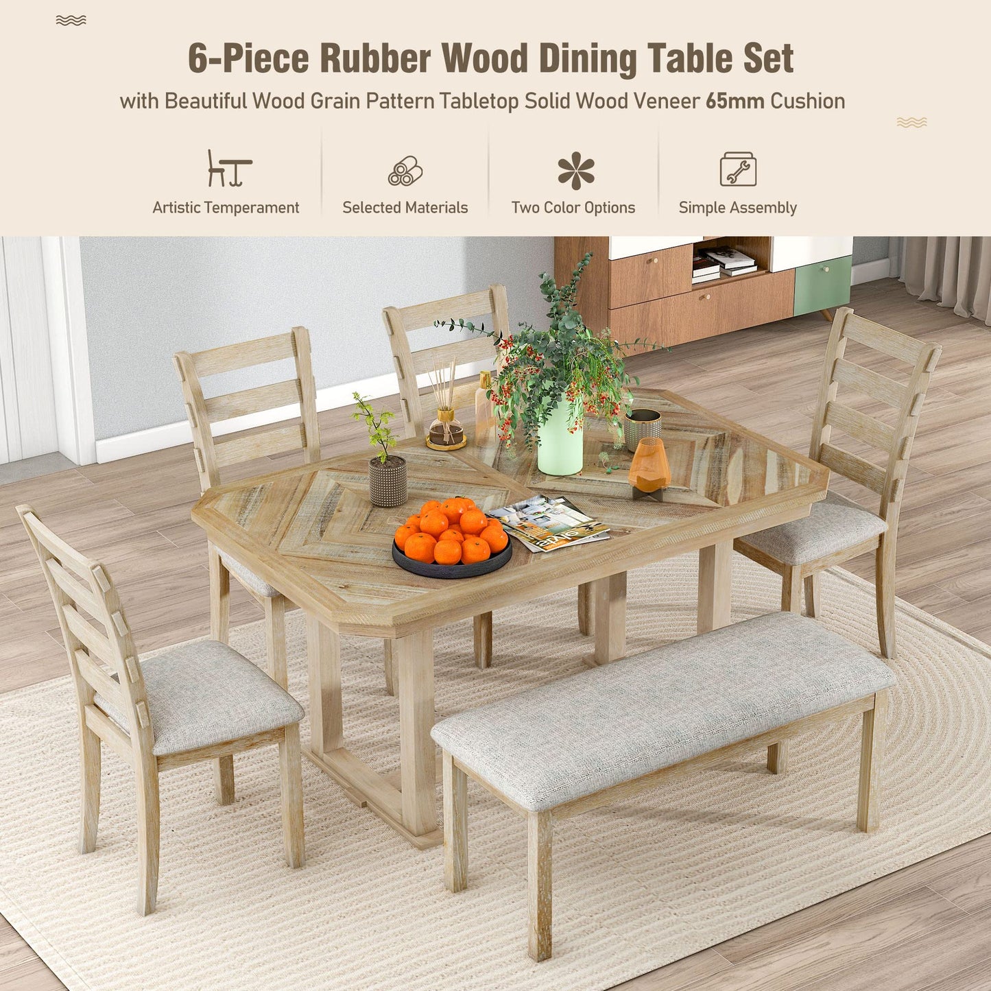 Lostcat Dining Table Set for 6, 6-Piece Rubber Wood Dining Table Set with Beautiful Wood Grain Pattern Tabletop and Soft Cushion, Dining Room Table Set for Living Room, Kitchen, Natural Wood Wash