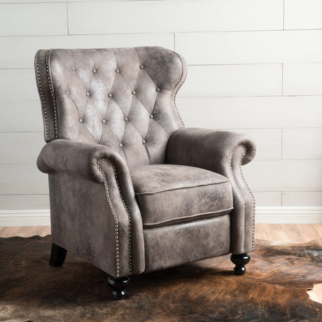 Mid Century Wingback Recliner, Fabric Push Back Recliner Chair Single Rolled Armchair Sofa with Rivet Decoration, Accent Chairs with Stable Hump Feet for Living Room (Brown Gray) Xinmviec