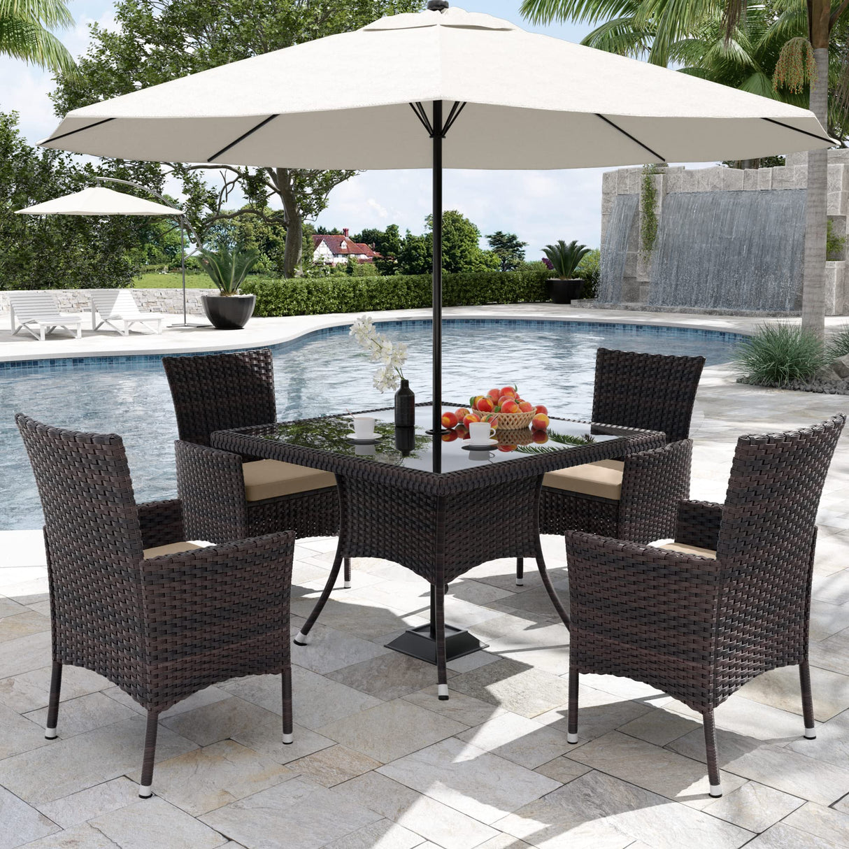 Kurapika 15-Piece Patio Furniture Outdoor Dining Set, Wicker Rattan Table and Chairs, Square Tempered Glass Tabletop With Umbrella Hole, 12 Chairs, Sand Kurapika