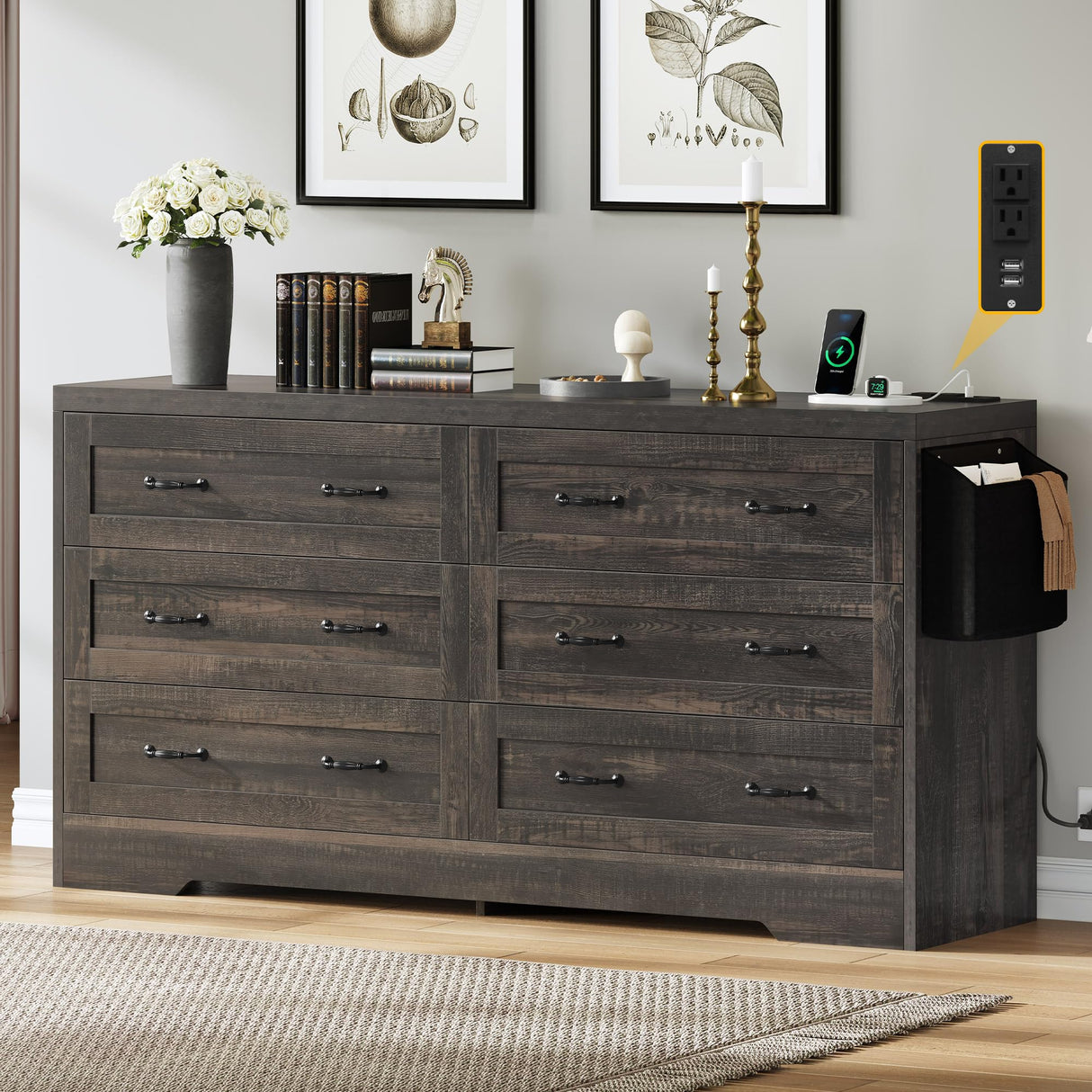 DWVO Farmhouse 6 Drawer Dresser for Bedroom, 60 Inch Large Modern Dresser TV Stand with Drawers & Bar Handles, Storage Dressers with Power Outlets, Rustic Wood Chest of Drawers, Rustic Oak DWVO