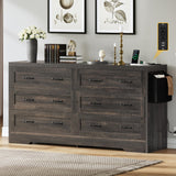 DWVO Farmhouse 6 Drawer Dresser for Bedroom, 60 Inch Large Modern Dresser TV Stand with Drawers & Bar Handles, Storage Dressers with Power Outlets, Rustic Wood Chest of Drawers, Rustic Oak DWVO