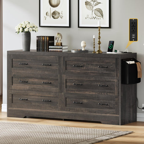 DWVO Farmhouse 6 Drawer Dresser for Bedroom, 60 Inch Large Modern Dresser TV Stand with Drawers & Bar Handles, Storage Dressers with Power Outlets, Rustic Wood Chest of Drawers, Rustic Oak DWVO