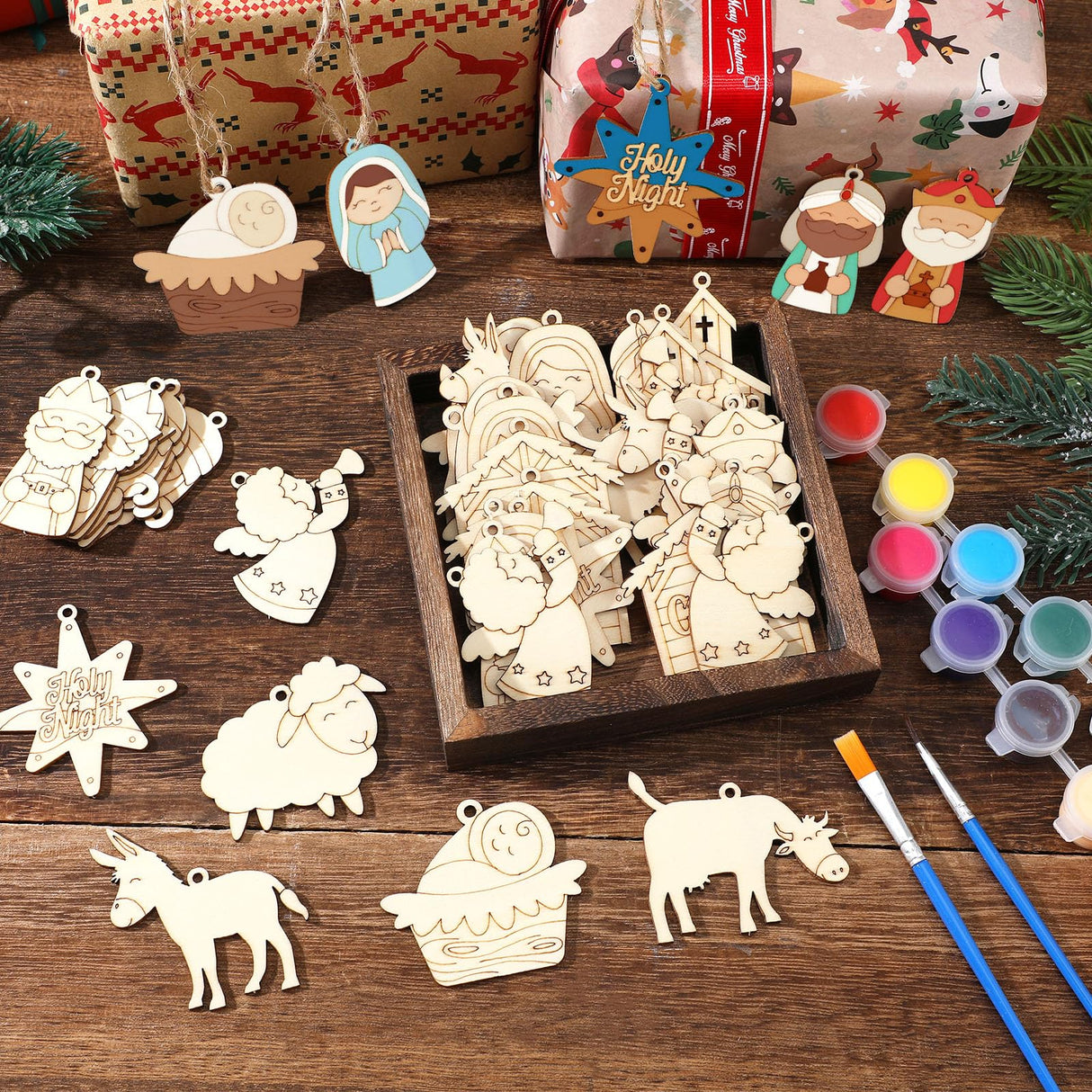Cinnvoice 60 Pcs Wood Christmas Crafts for Adults DIY Paint Xmas Ornaments Blank Unfinished Wooden Cutouts Shapes Slices Hanging Embellishment for Christmas Tree Holiday Party Decor(Jesus Nativity) Cinnvoice