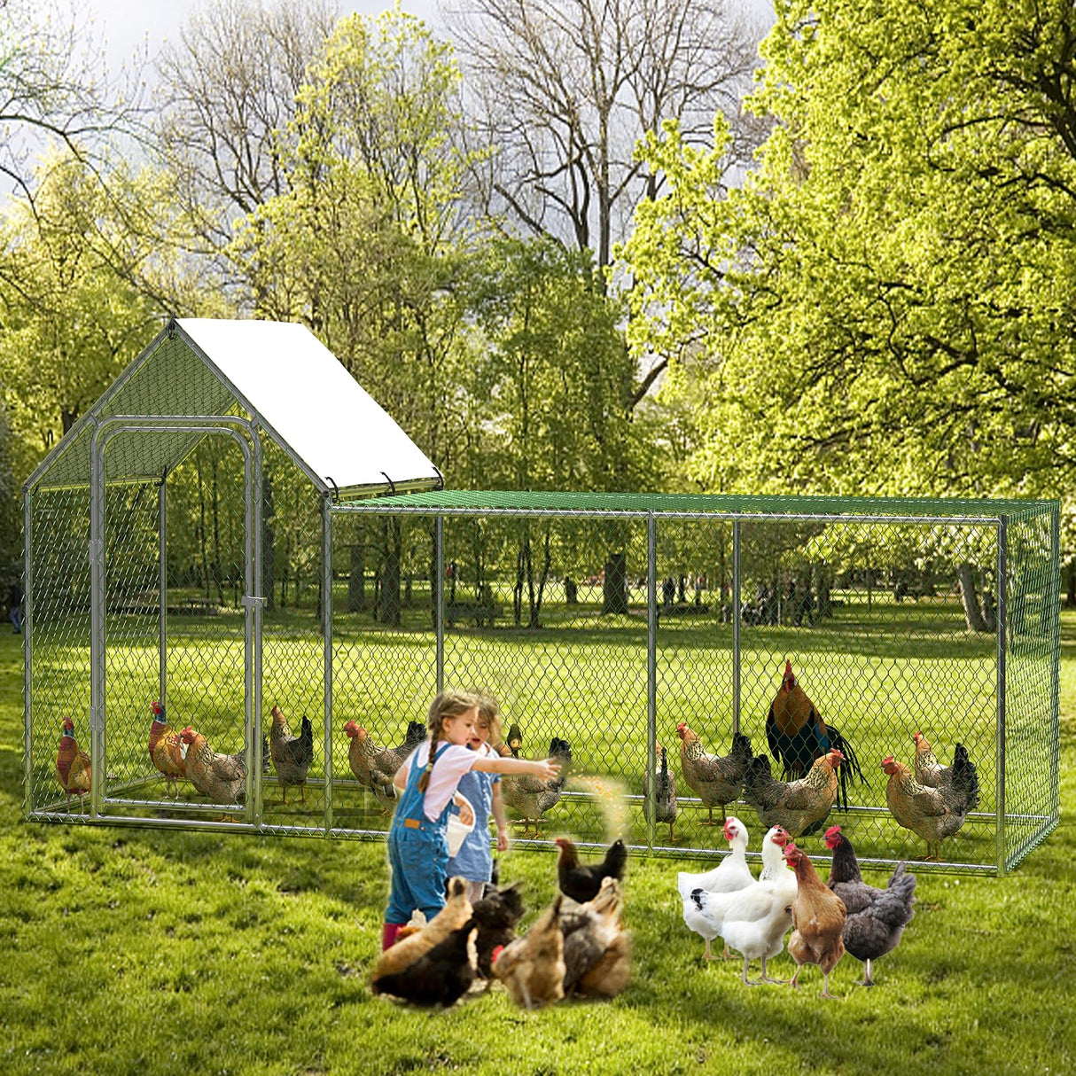 Large Metal Chicken Coop, Chicken Run with Cover, Walk-in Poultry Cage for Yard Outdoor Duck Rabbit Cage Hipicute