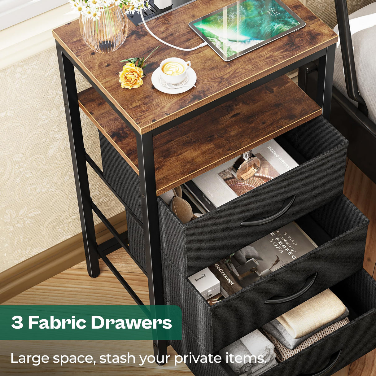 Huuger Nightstands Set of 2, 27.6 Inch End Tables with Charging Station, Fabric Drawers, Bedside Tables with USB-C Port and Outlet, Night Stands for Bedroom, Rustic Brown and Black Huuger