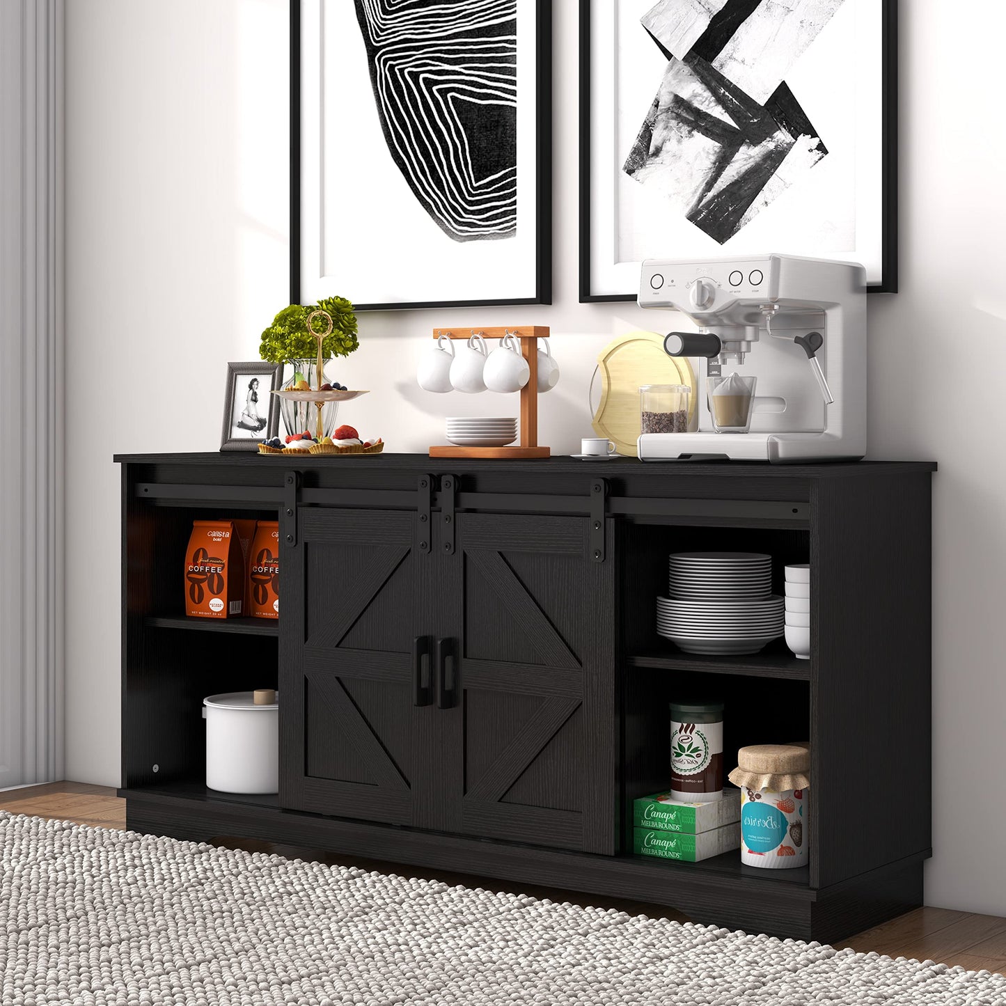 Panana Bar Cabinet with Barn 2 Sliding Doors Buffet Farmhouse Storage Cabinet TV Stand (Black) - WoodArtSupply