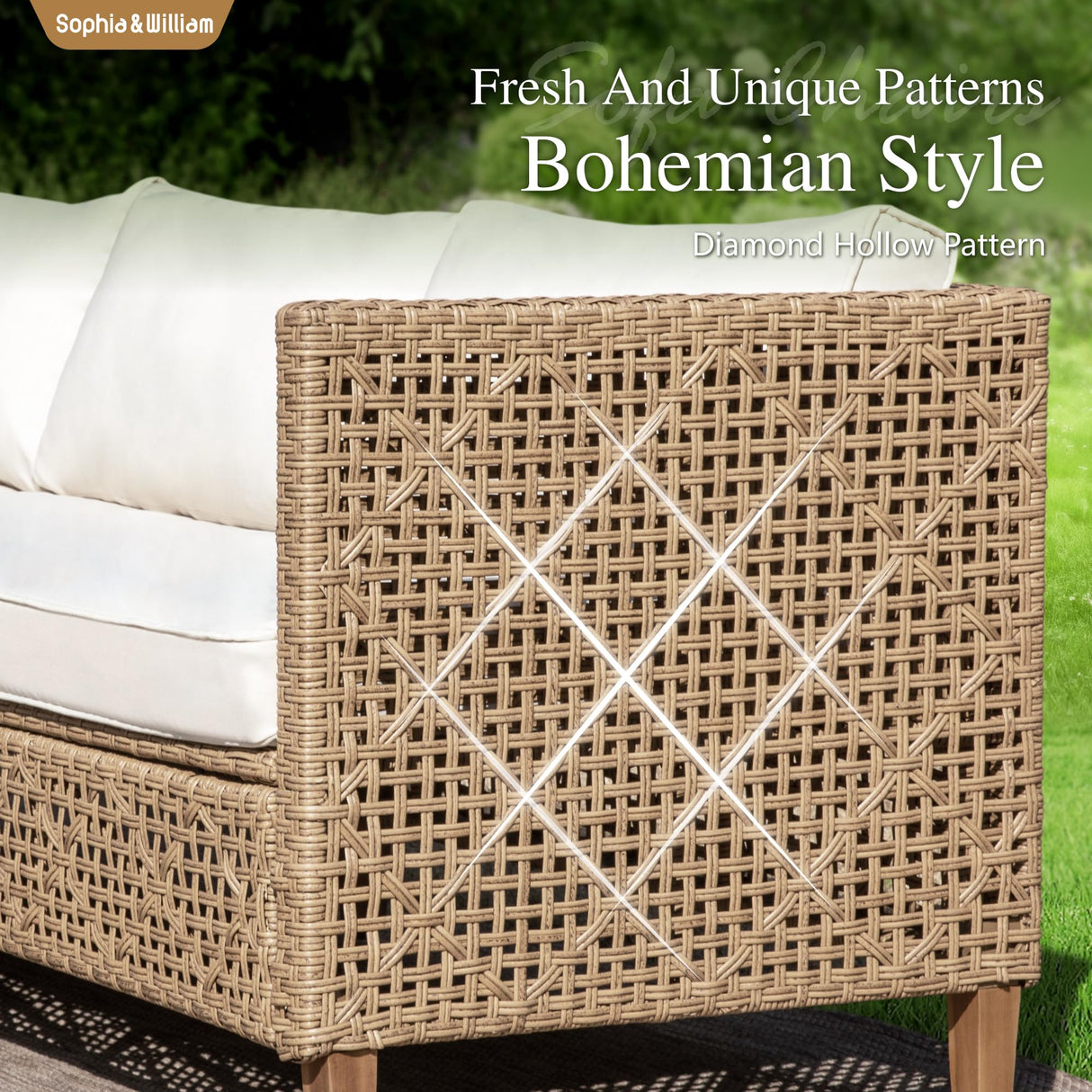 Sophia and William Boho Wicker Patio Furniture Set Outdoor Rattan Sectional Sets Conversation Set - Weather-Resistant, with Dual Storage Coffee Table Acacia Wood Legs for Garden, Patio & Deck(Beige) Sophia & William