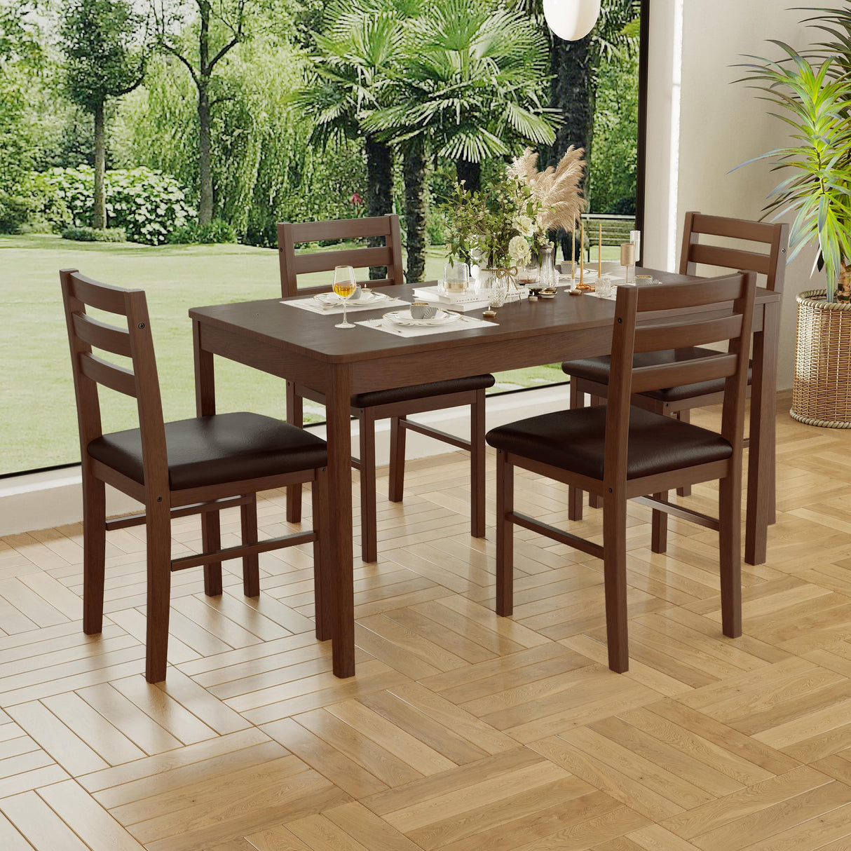 Orweiin 5-Piece Solid Wood Indoor Modern Rectangular Dining Table Set for 4,Table and 4 Chairs Set with PU Leather Cushion for Kitchen,Bar,Living Room,Breakfast Nook,Brown Orweiin