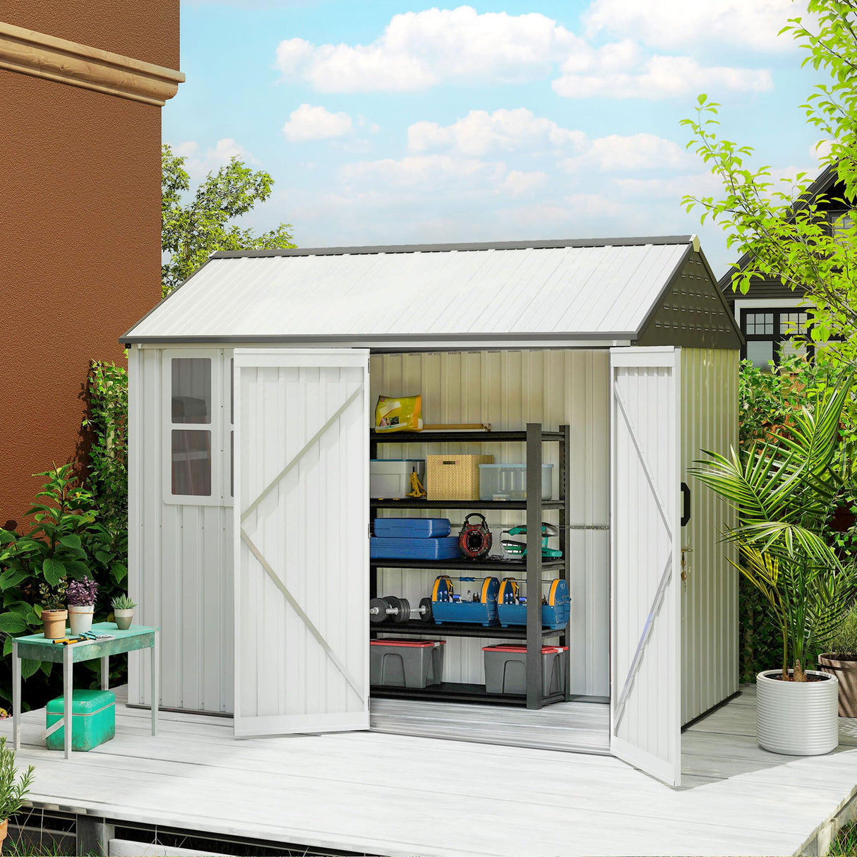 Outsunny 8' x 6' Outdoor Storage Shed, Metal Garden Shed with Window & Double Lockable Door, Outdoor Tool Shed Storage with Sloped Roof for Backyard, Patio, Garage, Lawn, White Outsunny
