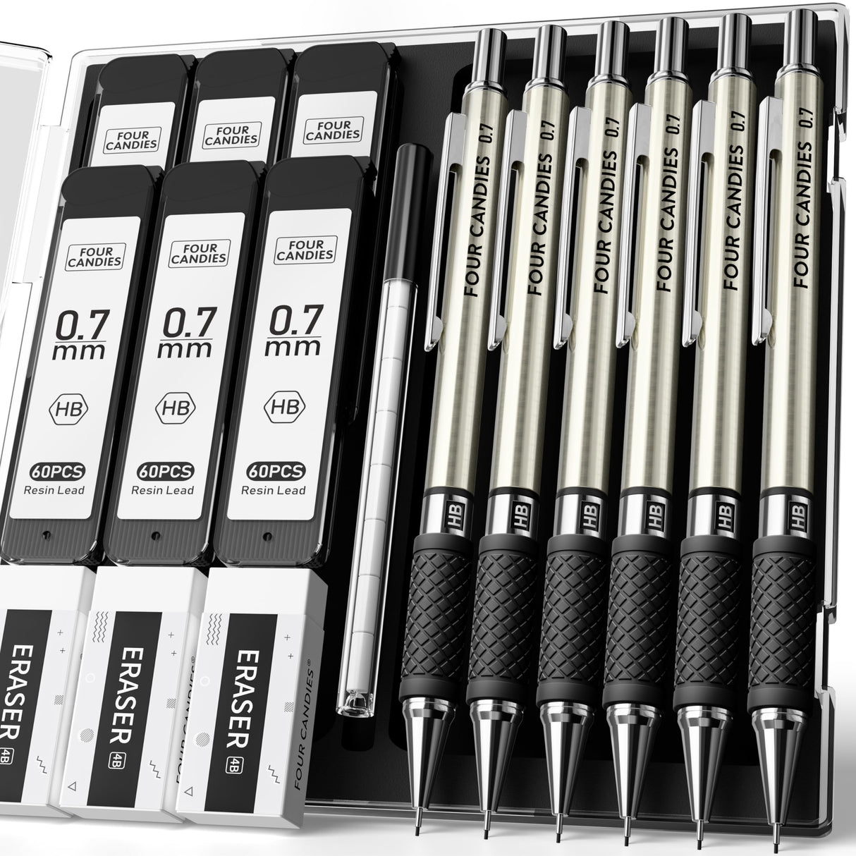 Four Candies Metal Mechanical Pencil Set - 6PCS 0.7mm Art Mechanical Pencils & 360PCS HB Lead Refills & 3PCS Erasers & 9PCS Eraser Refills, Drawing Mechanical Pencils for Writing, Sketching/With Case Four Candies