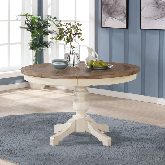 Roundhill Furniture Prato Round Two-Tone Finish Wood Dining Table, Antique White and Distressed Oak - WoodArtSupply