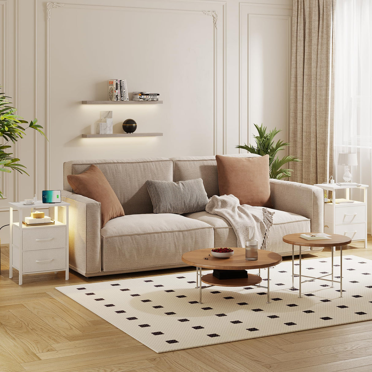 TRIFEBLE Nightstands Set of 2, Night Stand with Charging Station and Led Lights, Bedside Table with 2 Fabric Drawers for Bedroom, Small Side End Table with Open Shelf, White TRIFEBLE