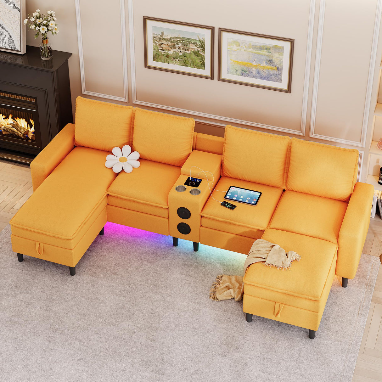 HYZQ Sectional Couches for Living Room, 4 Seat Sectional Sofa with Smart Module-Bluetooth Speaker/RGB Light/Charging Station, Teddy Fleece U Shaped Cloud Couch with Storage Ottoman (Yellow) HYZQ