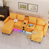 HYZQ Sectional Couches for Living Room, 4 Seat Sectional Sofa with Smart Module-Bluetooth Speaker/RGB Light/Charging Station, Teddy Fleece U Shaped Cloud Couch with Storage Ottoman (Yellow) HYZQ