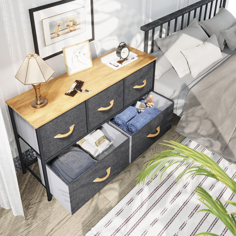 YITAHOME Dresser with 5 Drawers - Fabric Storage Tower, Organizer Unit for Bedroom, Living Room, Closets - Sturdy Steel Frame, Wooden Top (5 Wider Drawers Cool Grey) YITAHOME