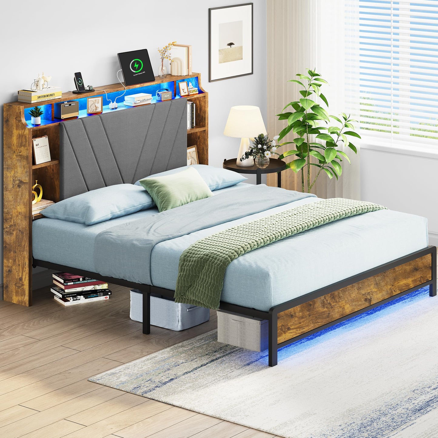 YITAHOME Upholstered Queen Bed Frame with Storage Headboard, LED Lights & Charging Station - Brown - WoodArtSupply