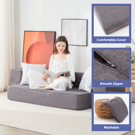 Lazyzizi Floor Sofa Bed, Fold Out Couch Bed with 2 Pillows & Washable Cover Convertible Sleeper Folding Sofa Bed Mattress for Living Room, Guest Bed, Playroom 8inches, Queen Lazyzizi