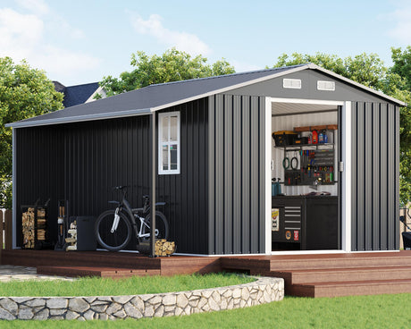 AMERLIFE 10.6x10.3x6.3 FT Galvanized Metal Storage Shed with Open Firewood Storage Area, Sliding Doors & Ramp, 2 Windows & Vents, Weather-Resistant Outdoor Tool/Garden Shed, Dark Gray AMERLIFE