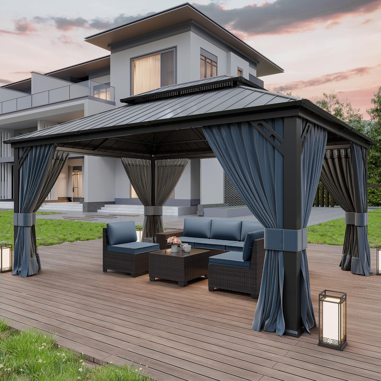 Kurapika 12' x 16' Hardtop Outdoor Metal Gazebo with Galvanized Steel Double Roof Canopy, Curtain and Netting, Aluminum Permanent Pavilion Gazebo, Navy Blue Kurapika