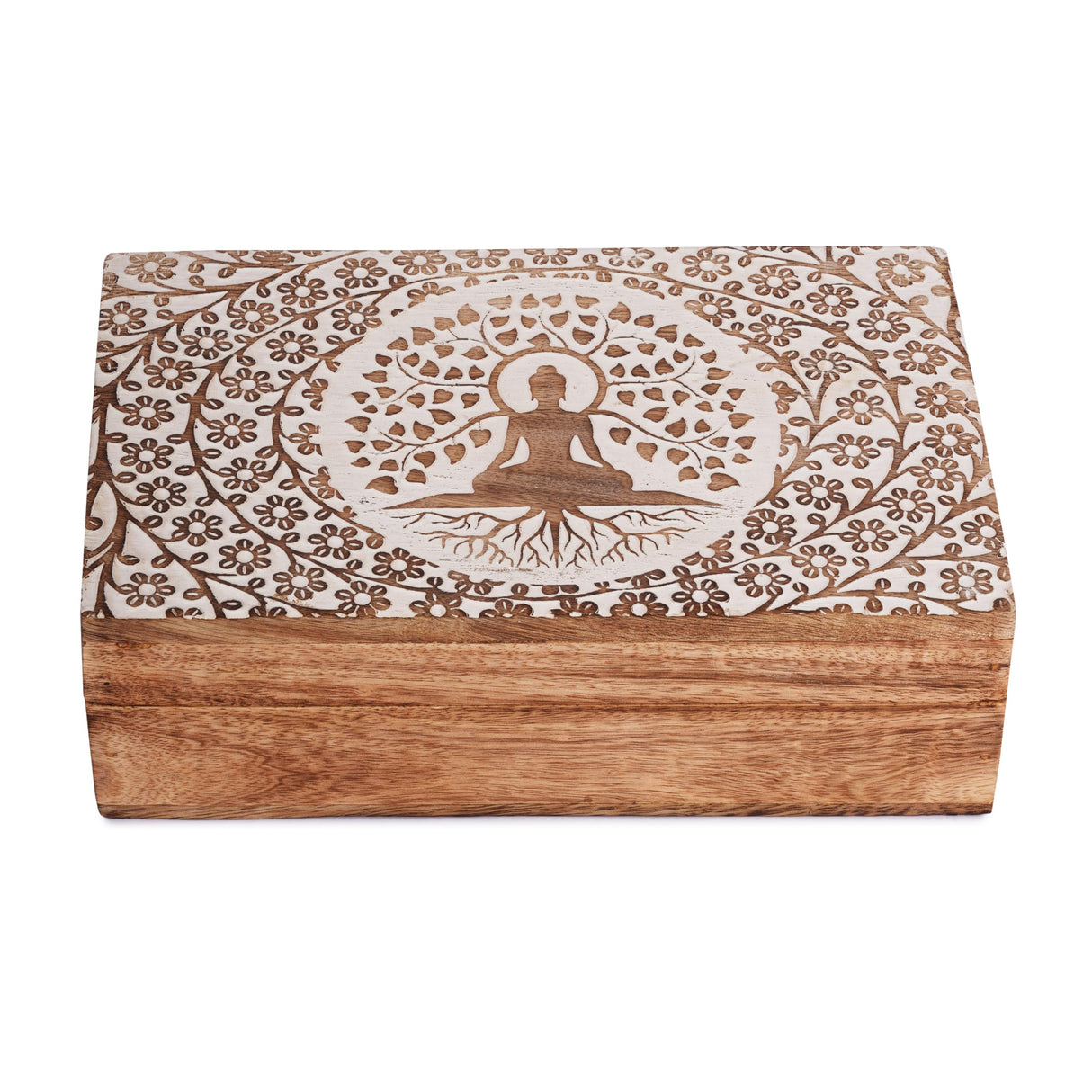 Ajuny Wooden Handcrafted Decorative Jewelry Storage Box Buddha Tree Design White Multipurpose Treasure Chest Organizer Travel Keepsake Trinket Holder Watch Box Gifts 8x5 Inch Ajuny