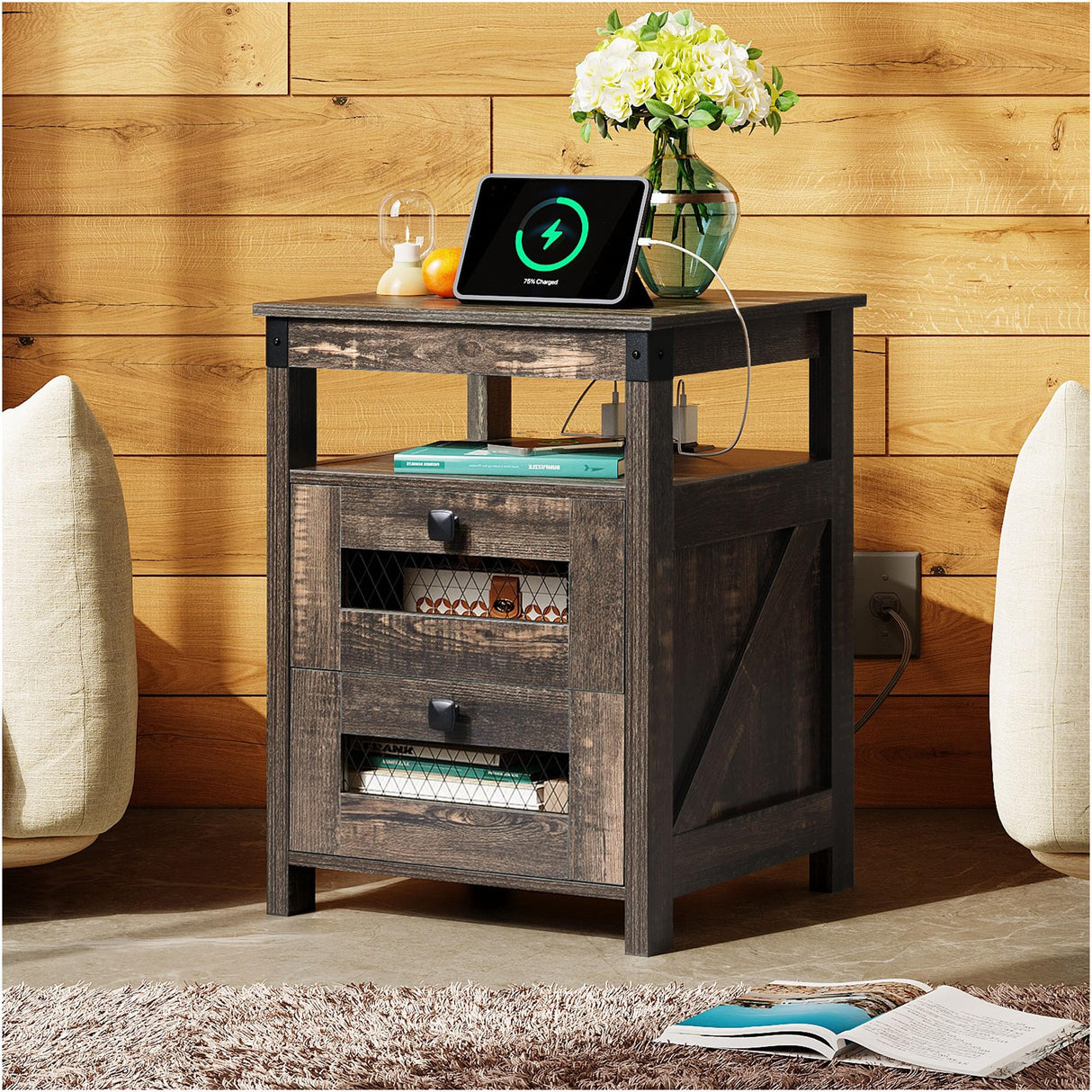 WLIVE Night Stand with Charger Station, End Tables Bedroom, Living Room, Side Table with 2 Wooden Storage Drawers, Farmhouse Nightstand with USB Ports and Outlets, Dark Rustic Oak WLIVE