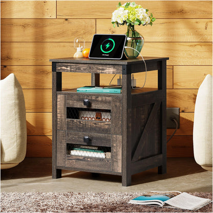 WLIVE Night Stand with Charger Station, End Tables Bedroom, Living Room, Side Table with 2 Wooden Storage Drawers, Farmhouse Nightstand with USB Ports and Outlets, Dark Rustic Oak