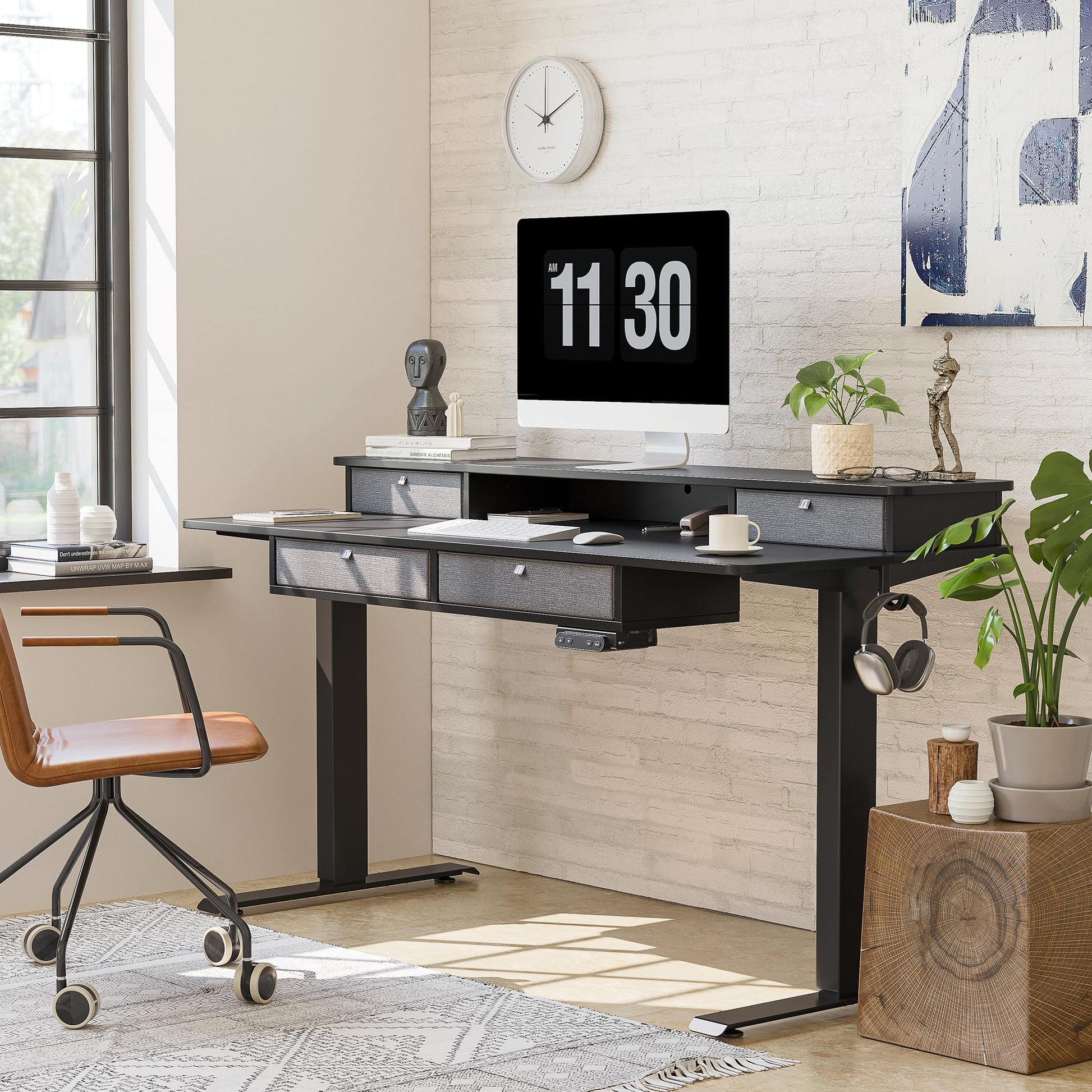 FEZIBO 48 x 24 Electric Standing Desk Adjustable Height with 4 Drawers, Sit Stand Desk with Storage Shelf, Rising Desk with Splice Board, Black Frame/Rustic Brown Top, 48 inch - WoodArtSupply