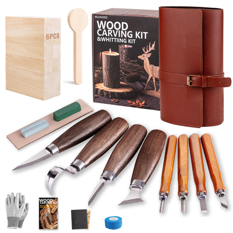 Wood Carving Kit Whittling Kit: Deluxe Wood Carving Tools Set with Leather Case Wood Carving Knife Widdle Kit - Woodworking Gift Kit with Basswood Blocks Hobby for Adults Kids Beginners Bluvizo