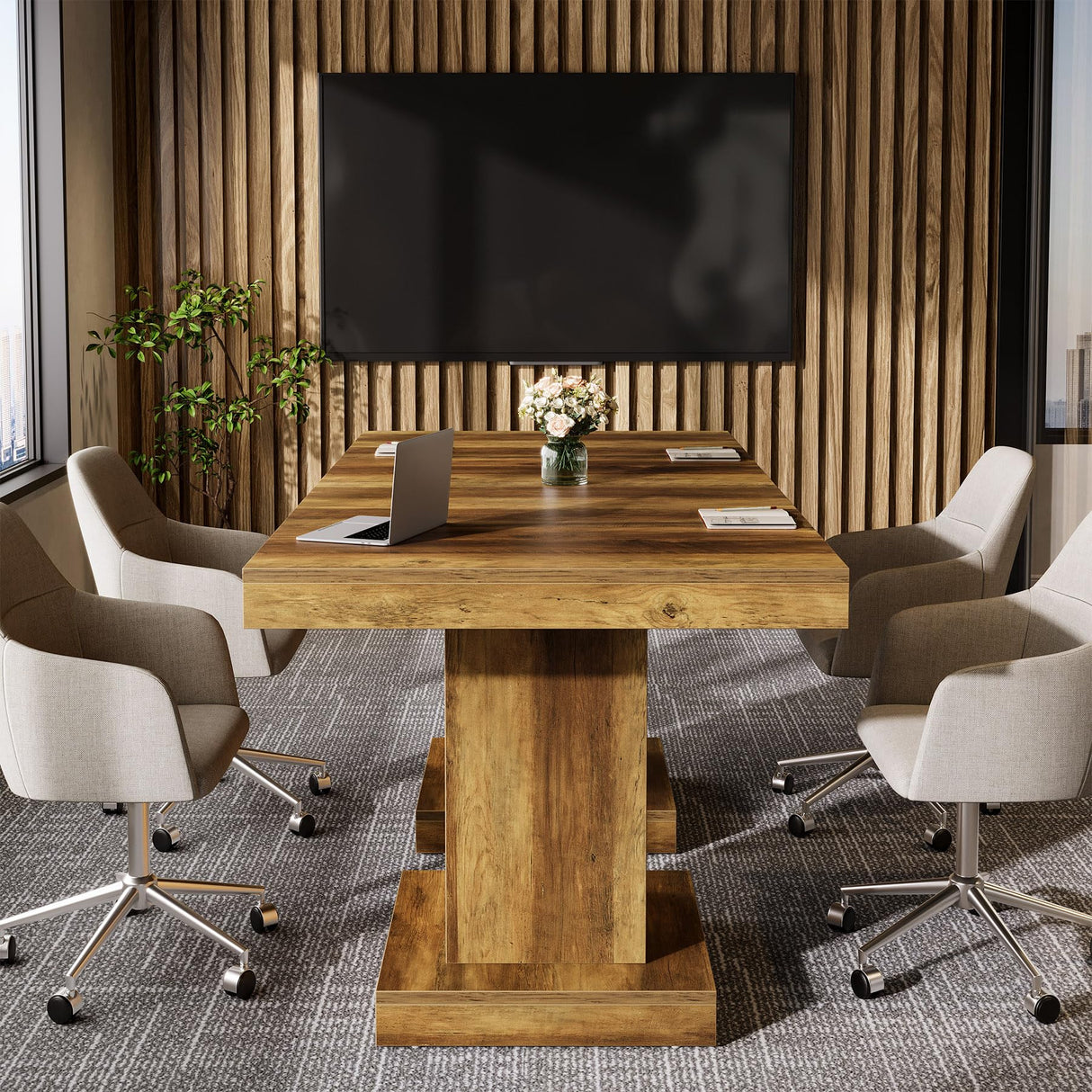 Tribesigns Square Conference Table for 4, 31.5-Inch Small Meeting Table with Heavy Duty Pedestal Base, Mid Century Modern Seminar Boardroom Table for Office Conference Room (Rustic Brown) Tribesigns