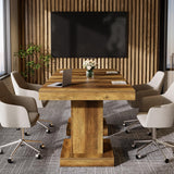 Tribesigns Square Conference Table for 4, 31.5-Inch Small Meeting Table with Heavy Duty Pedestal Base, Mid Century Modern Seminar Boardroom Table for Office Conference Room (Rustic Brown) Tribesigns