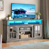 YITAHOME LED Farmhouse TV Stand for TV up to 75 Inch w/Outlets, Highboy Media Entertainment Center Console Table Adjustable Storage Shelves &Cabinet Glass Door for 360lbs for Living Room, Rustic Grey YITAHOME